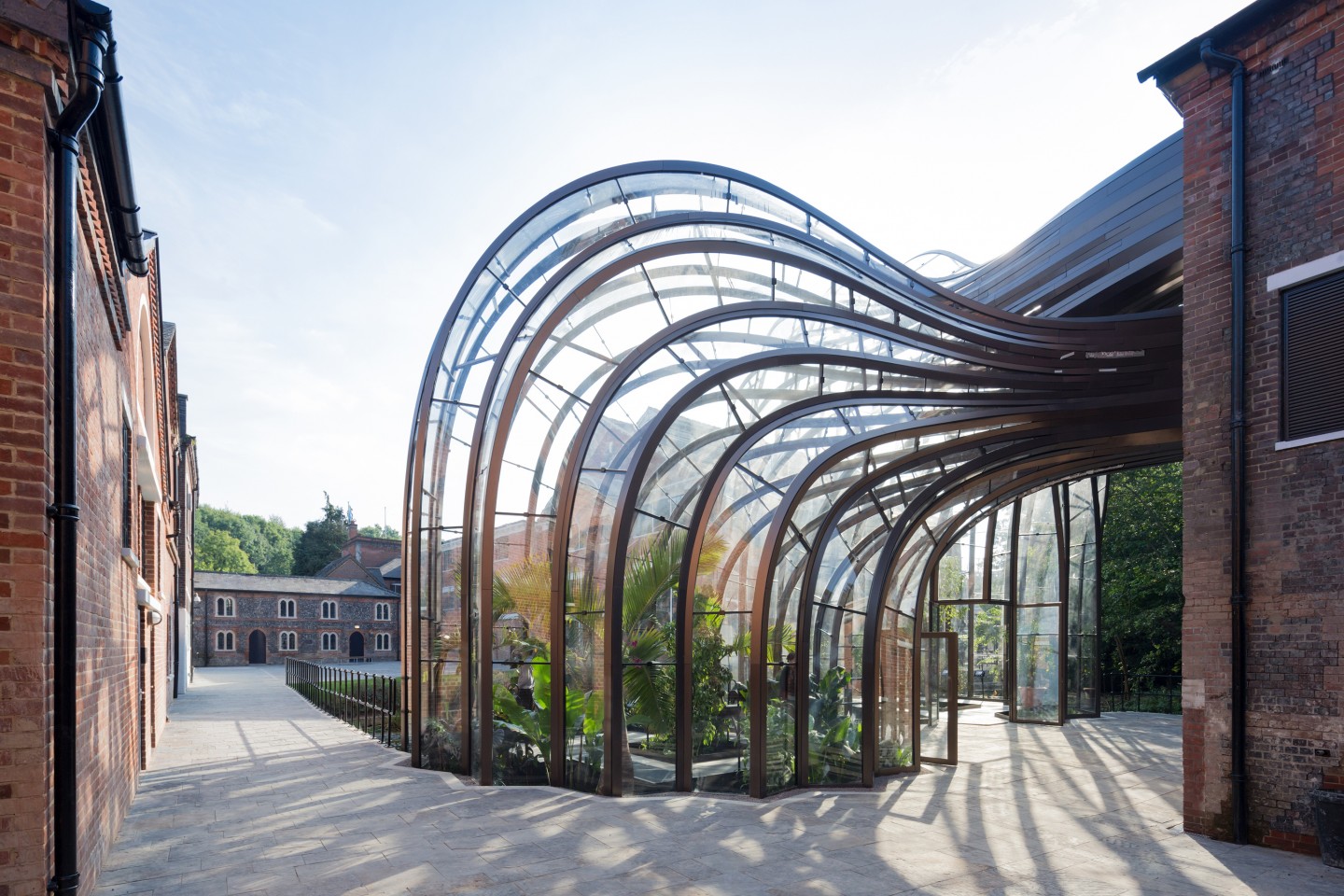 Bombay Sapphire Distillery, Whitchurch, Hampshire - View of the tropical glasshouse to the courtyard