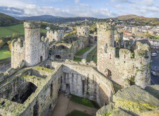 Westerly view across the Castle from the Chapel tower turret, Wales, Conwy