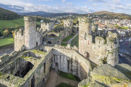 Westerly view across the Castle from the Chapel tower turret, Wales, Conwy