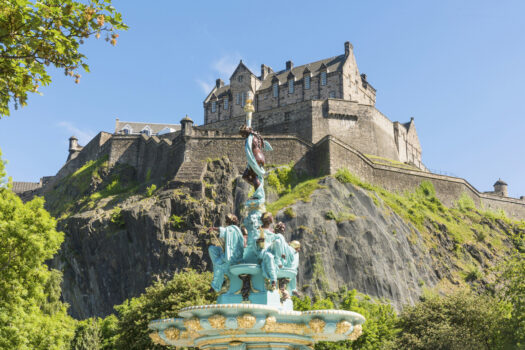 Edinburgh Castle and the Ross Fountain in Princes Street Gardens