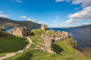 Urquhart Castle and Loch Ness beside the village of Drumnadrochit